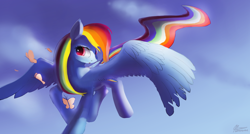 Size: 4400x2350 | Tagged: safe, artist:auroriia, rainbow dash, butterfly, pegasus, pony, absurd resolution, flying, large wings, solo, wings