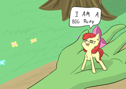 Size: 1414x1000 | Tagged: safe, artist:happy harvey, edit, apple bloom, oc, oc:anon, human, blank flank, blatant lies, chest fluff, colored, denial, drawn on phone, female, filly, hand, in goliath's palm, macro, micro, offscreen character, shared, shrunk, size difference, tiny ponies