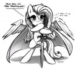 Size: 2000x1867 | Tagged: safe, artist:fidzfox, fluttershy, pegasus, pony, badass, badass adorable, bipedal, cape, clothes, crossover, cute, frostmourne, frown, grayscale, hoof hold, if you don't mind, looking at you, monochrome, runes, solo, spread wings, sword, warcraft, weapon