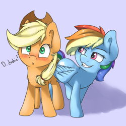 Size: 3200x3200 | Tagged: safe, artist:dbleki, applejack, rainbow dash, earth pony, pegasus, pony, :o, appledash, blushing, butt touch, confused, cute, feathermarking, female, fluffy, fluffyball, gradient background, grin, lesbian, lidded eyes, looking at you, love, never doubt tchernobog's involvement, open mouth, shipping, smiling, wide eyes