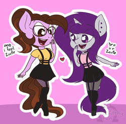 Size: 1000x988 | Tagged: safe, artist:sweetfilthyfun, oc, oc only, oc:ivy rose, oc:wicked silly, anthro, chibi, clothes, collar, cute, dress, glasses, heart, piercing, stockings, tights