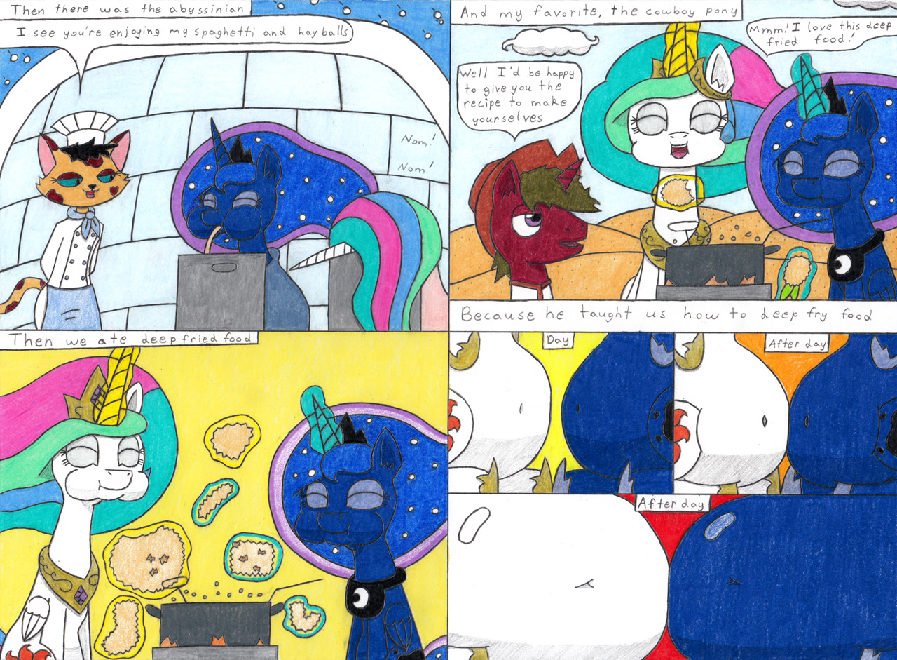 136569 - questionable, artist:eternaljonathan, princess celestia, princess  luna, oc, oc:nemo, abyssinian, alicorn, pony, unicorn, comic:first three  back, belly, big belly, chef, chubby cheeks, chubbylestia, comic, dessert,  deviantart, disguise, fat ...