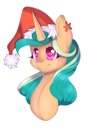 Size: 969x1323 | Tagged: safe, artist:clefficia, oc, oc only, oc:ocress conchiglia, pony, unicorn, bust, female, hat, mare, portrait, santa hat, solo