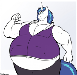 Size: 1280x1244 | Tagged: safe, artist:th0mas, shining armor, anthro, unicorn, bhm, clothes, fat, flexing, male, midriff, morbidly obese, musclegut, muscles, obese, shining blubber, simple background, smiling, solo, stallion, vest