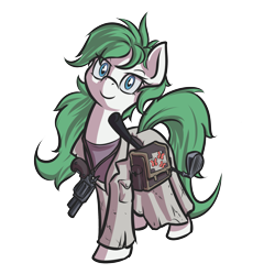 Size: 2461x2452 | Tagged: safe, artist:kalemon, edit, oc, oc only, oc:beryl, oc:beryl (smhac), butterfly, earth pony, pony, fallout equestria, 2017 community collab, clothes, derpibooru community collaboration, fanfic, fanfic art, female, fluttershy medical saddlebag, golf club, gun, handgun, hooves, looking at you, mare, medical saddlebag, revolver, saddle bag, simple background, smiling, solo, transparent background, weapon