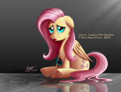 Size: 2200x1667 | Tagged: safe, artist:duskie-06, fluttershy, pegasus, pony, ..., balloon party, crying, cute, dialogue, earbuds, exclamation point, hooves, horse problems, ipod, mp3 player, open mouth, reflection, sad, sadorable, shyabetes, sitting, solo, underhoof