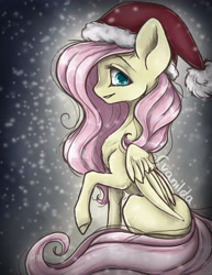 Size: 2480x3207 | Tagged: safe, artist:cvanilda, fluttershy, pegasus, pony, hat, missing cutie mark, profile, raised hoof, santa hat, sitting, snow, snowfall, solo