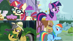 Size: 1024x576 | Tagged: safe, screencap, daring do, moondancer, rainbow dash, twilight sparkle, twilight sparkle (alicorn), alicorn, pegasus, pony, comparison