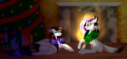 Size: 3917x1824 | Tagged: safe, artist:minelvi, oc, oc only, original species, pegasus, christmas tree, female, fireplace, mare, prone, tree