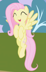 Size: 358x556 | Tagged: safe, screencap, fluttershy, pegasus, pony, friendship is magic, cropped, cute, eyes closed, female, flying, happy, mare, open mouth, shyabetes, solo, spread wings, tree, wings