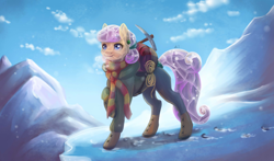 Size: 2900x1700 | Tagged: safe, artist:alina-sherl, oc, oc only, crystal pony, pony, female, pickaxe, smiling, snow, solo, travelling, winter outfit