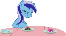 Size: 15137x8252 | Tagged: safe, artist:cyanlightning, minuette, amending fences, .svg available, absurd resolution, donut, food, scrunchy face, simple background, solo, table, transparent background, vector