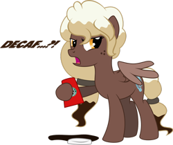 Size: 1024x861 | Tagged: safe, artist:vinylbecks, oc, oc only, oc:sweet mocha, pegasus, pony, coffee cup, cup, cutie mark, displeased, freckles, hoof hold, simple background, solo, starbucks, text, transparent background, vector