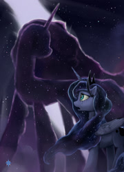 Size: 1155x1600 | Tagged: dead source, safe, artist:noctilucent-arts, princess luna, tantabus, alicorn, pony, do princesses dream of magic sheep, crying, dream walker luna, female, mare, night, open mouth, rift, smiling, solo