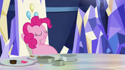 Size: 1024x576 | Tagged: safe, artist:jamesawilliams1996, edit, edited screencap, screencap, pinkie pie, earth pony, pony, father knows beast, arm behind head, belly, big belly, crumbs, eating, eyes closed, fat, fat edit, female, food, food baby, friendship throne, frosting, huge belly, leaning back, mare, obese, pie tin, piggy pie, pudgy pie, relaxing, smiling, solo, stuffed, stuffing, throne, throne room, twilight's castle