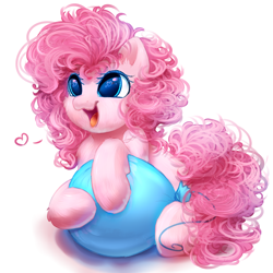 Size: 2000x2000 | Tagged: safe, artist:peachmayflower, pinkie pie, earth pony, pony, :3, balloon, behaving like a cat, cheek fluff, chest fluff, cute, diapinkes, dog lip, ear fluff, fluffy, happy, heart, heart eyes, hnnng, leg fluff, messy mane, open mouth, ponk, simple background, smiling, snuggling, solo, weapons-grade cute, white background, wingding eyes