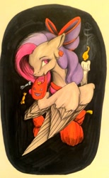Size: 1024x1662 | Tagged: safe, artist:oneiria-fylakas, oc, oc only, pegasus, pony, bow, candle, female, hair bow, mare, mouth hold, solo, traditional art, trick or treat