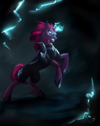 Size: 2000x2500 | Tagged: safe, artist:juliagoldfox, tempest shadow, pony, unicorn, my little pony: the movie, armor, broken horn, digital art, eye scar, female, glowing horn, high res, horn, lightning, mare, rearing, scar, solo, sparking horn