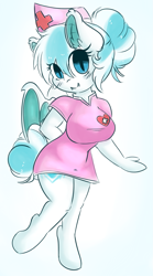 Size: 1069x1920 | Tagged: safe, artist:wickedsilly, oc, oc only, oc:heart rhythm, anthro, bat pony, unguligrade anthro, chibi, clothes, fangs, looking at you, nurse outfit, solo