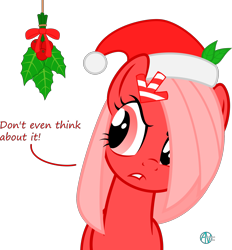 Size: 2193x2364 | Tagged: safe, artist:arifproject, part of a set, oc, oc only, oc:downvote, earth pony, pony, annoyed, arif's mistletoe pone, derpibooru, derpibooru ponified, dialogue, frown, glare, hair accessory, hair over one eye, hat, holly, holly mistaken for mistletoe, leaf, meta, ponified, santa hat, simple background, solo, transparent background, vector