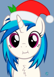 Size: 565x800 | Tagged: safe, artist:arifproject, derpibooru exclusive, dj pon-3, vinyl scratch, pony, unicorn, :i, animated, arif's christmas pones, arif's scrunchy pone, blue background, chest fluff, cute, eye shimmer, female, gif, hat, leaf, looking at you, mare, santa hat, simple background, solo, vinylbetes