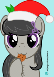 Size: 560x800 | Tagged: safe, artist:arifproject, derpibooru exclusive, octavia melody, earth pony, pony, :3, animated, arif's christmas pones, arif's scrunchy pone, blue background, chest fluff, cookie, cute, female, food, gif, hat, hnnng, holding, leaf, looking at you, mare, munching, santa hat, simple background, solo, tavibetes