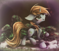 Size: 1943x1700 | Tagged: safe, artist:ferasor, oc, oc only, oc:littlepip, pony, unicorn, fallout equestria, blushing, clothes, drug use, drugs, fanfic, fanfic art, female, floppy ears, high, hooves, horn, implied drug use, mare, mint-als, party time mintals, pipbuck, smiling, solo, teeth, vault suit