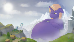 Size: 2880x1620 | Tagged: safe, artist:foxyghost, oc, oc only, oc:snap feather, oc:star bright, pony, belly, belly button, big gay, cosmic wizard, fat, giant pony, macro, mega giant, morbidly obese, obese, relaxing, scenery, size difference