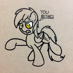 Size: 1334x1334 | Tagged: safe, artist:ashtoneer, derpy hooves, pegasus, pony, angry, female, mare, monochrome, neo noir, partial color, reaction image, retard, solo