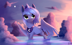 Size: 2560x1600 | Tagged: safe, artist:gianghanz, princess luna, alicorn, pony, cloud, crown, cute, female, jewelry, looking at you, lunabetes, regalia, s1 luna, smiling, solo, spread wings, water