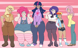 Size: 900x559 | Tagged: safe, artist:cottoncloudy, applejack, fluttershy, pinkie pie, rainbow dash, rarity, twilight sparkle, twilight sparkle (alicorn), alicorn, human, bandana, bbw, boots, chubbie pie, chubby, cis, cis girl, clothes, converse, elf ears, fat, fit, glasses, high heels, humanized, mane six, muscles, obese, overalls, piggy pie, plump, pudgy pie, sandals, shoes, sneakers, socks, stockings, striped socks, sweater, tanned, thick, thigh highs, thunder thighs
