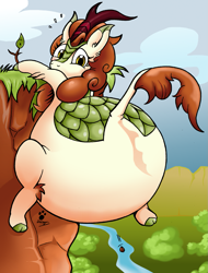Size: 1069x1405 | Tagged: safe, artist:duragan, autumn blaze, kirin, sounds of silence, adorafatty, autumn blob, awwtumn blaze, belly, blazebutt, bloated, bottom heavy, cliff, cliffhanger, cute, fat, female, impossibly large belly, large butt, looking back, morbidly obese, need to go on a diet, need to lose weight, obese