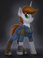 Size: 1143x1548 | Tagged: safe, artist:allyster-black, oc, oc only, oc:littlepip, pony, unicorn, fallout equestria, clothes, fanfic, fanfic art, female, mare, pipbuck, simple background, solo, vault suit