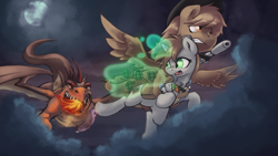 Size: 1920x1080 | Tagged: safe, artist:darksittich, oc, oc only, oc:calamity, oc:littlepip, oc:mister topaz, dragon, pegasus, pony, unicorn, fallout equestria, battle saddle, clothes, cloud, cutie mark, dashite, dragon wings, fanfic, fanfic art, fangs, female, fire, flying, glowing horn, grenade, gun, hat, hooves, horn, levitation, magic, male, mare, moon, open mouth, pipbuck, rifle, saddle bag, spread wings, stallion, teeth, telekinesis, this will end in explosions, vault suit, weapon, wings
