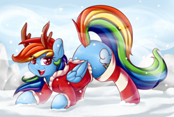 Size: 4000x2703 | Tagged: safe, artist:graphene, rainbow dash, pegasus, pony, backwards cutie mark, christmas, clothes, costume, cute, dashabetes, female, hat, looking at you, mare, open mouth, reindeer antlers, reindeer dash, santa costume, santa hat, snow, snowfall, socks, solo, starry eyes, striped socks, wingding eyes, winter