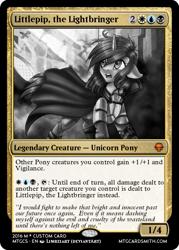 Size: 375x523 | Tagged: safe, artist:limreiart, editor:mordekaiserhuehuehue, oc, oc only, oc:littlepip, pony, unicorn, fallout equestria, black and white, card, clothes, fanfic, fanfic art, female, grayscale, magic the gathering, mare, monochrome, pipbuck, solo, vault suit