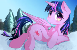 Size: 1785x1155 | Tagged: safe, artist:kawaiipony2, twilight sparkle, twilight sparkle (alicorn), alicorn, pony, cute, dock, looking at you, snow, solo, tree