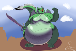 Size: 4500x3000 | Tagged: safe, artist:facade, oc, oc:dacian, dragon, falchion, fat, macro, moobs, morbidly obese, obese, solo, weapon