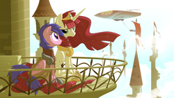 Size: 2880x1620 | Tagged: safe, artist:equestria-prevails, firefly, oc, oc:fausticorn, alicorn, pony, g1, g4, airship, alternate universe, balcony, g1 to g4, generation leap, lauren faust, ponified, tower