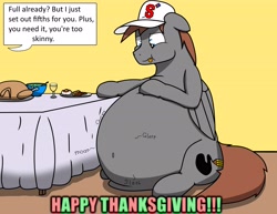 Size: 4400x3400 | Tagged: dead source, safe, artist:overthelakepancake, oc, oc only, oc:sketch, pegasus, pony, belly, belly button, bhm, big belly, bloated, cap, cooked, dead, fat, floppy ears, food, full, glass, hat, high res, holiday, hoof on belly, huge belly, impossibly large belly, large belly, meat, morbidly obese, obese, overeating, plate, ponies eating meat, speech bubble, stomach noise, stuffed, stuffed belly, stuffing, table, tablecloth, thanksgiving, turkey