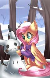 Size: 1948x3000 | Tagged: safe, artist:scarlet-spectrum, fluttershy, pegasus, pony, blush sticker, blushing, bottomless, clothes, colored pupils, cute, digital art, disguise, ear fluff, mimikyu, nintendo, partial nudity, pokémon, scenery, shyabetes, sitting, smiling, snow, snowman, solo, sweater, sweatershy