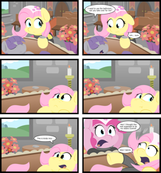 Size: 3635x3887 | Tagged: dead source, safe, artist:jittery-the-dragon, boulder (pet), fluttershy, maud pie, pinkie pie, earth pony, pegasus, pony, bouquet, candle, casket, censored vulgarity, comic, female, flower, funeral, grawlixes, mare, playing dead, potty time, surprised, wide eyes