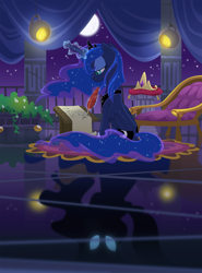 Size: 2400x3240 | Tagged: safe, artist:equestria-prevails, princess luna, alicorn, pony, alternate universe, chair, crown, female, flower, flowing mane, glowing eyes, glowing horn, glowing mane, light, mare, moon, night, night sky, plant, quill, rug, scroll, sky, solo, stars