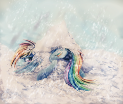 Size: 1896x1600 | Tagged: safe, artist:ferasor, rainbow dash, pegasus, pony, backwards cutie mark, crash, frown, rainbow crash, rainbutt dash, snow, snowfall, solo, underhoof