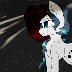 Size: 2000x2000 | Tagged: safe, artist:brokensilence, oc, oc only, oc:mira songheart, crying, ponysona, rain, sad, solo