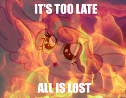 Size: 1100x860 | Tagged: safe, princess flurry heart, alicorn, pony, spoiler:s06, baby, baby pony, doom paul, drama, exploitable meme, fire, flurry heart drama, it's happening, meme, smiling, solo, text, truth