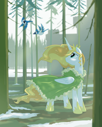 Size: 2400x3000 | Tagged: safe, artist:equestria-prevails, oc, oc:bonniecorn, alicorn, bird, blue jay, pony, alternate universe, bonnie zacherle, cloak, forest, ponified, snow