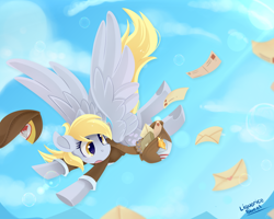 Size: 1250x1000 | Tagged: safe, artist:liquorice_sweet, derpy hooves, pegasus, blue sky, bubble, clothes, female, flying, mail, mailbag, mailmare, mailpony, mare, open mouth, solo