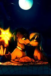 Size: 890x1314 | Tagged: safe, artist:si1vr, derpy hooves, doctor whooves, earth pony, pegasus, pony, candle, doctorderpy, eye contact, female, food, looking at each other, male, mare, moon, night, parody, pasta, shipping, sitting, spaghetti, spaghetti scene, stallion, straight