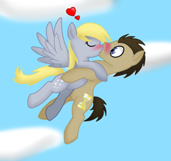 Size: 900x847 | Tagged: safe, artist:sonica-michi, derpy hooves, doctor whooves, earth pony, pegasus, pony, blushing, doctorderpy, female, flying, heart, hug, kissing, male, mare, shipping, sky, stallion, straight, surprise kiss